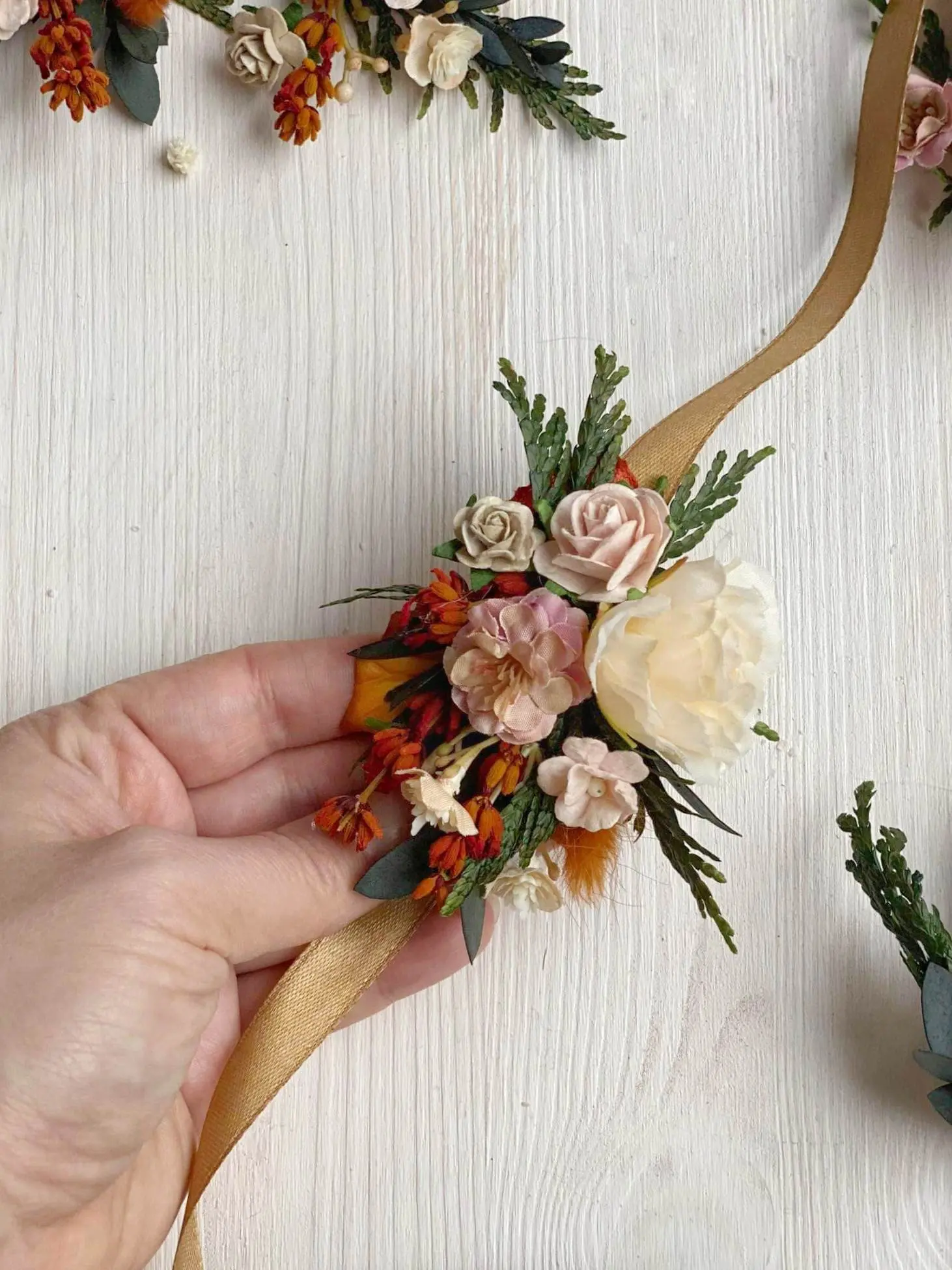 Autumn Flower Wedding Set Bridal Hair Comb Burnt Orange Wedding Hairpins Boutonniere for Groom Cinnamon Boutonnier