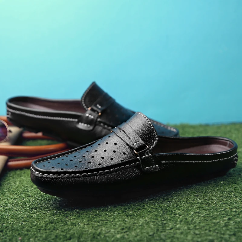 Zomer Half Schoenen Voor Mannen Casual Lederen Loafers Mocassins Man Slipon Rijden Herenschoenen Ademende Holle Slippers
