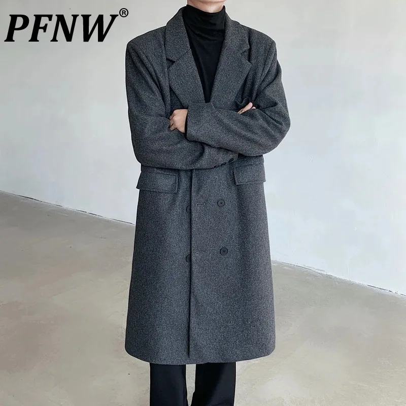 PFNW 2024 New Long Men\'s Woolen Coat Autumn Solid Color Double Breasted Tailored Collar Loose Male Trench Korean Style 12C969