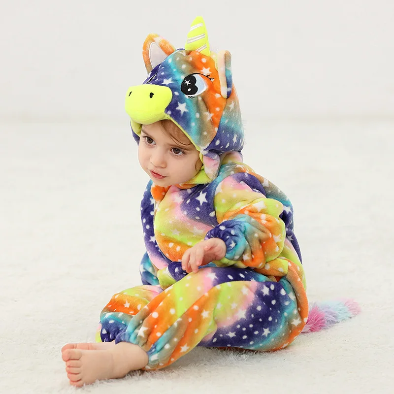 Winter Baby Romper Boys Cartoon Dinosaur Tiger Jumpsuits Girls Kawaii Rainbow Unicorn Flannel Animal One-piece Suits Home Wear