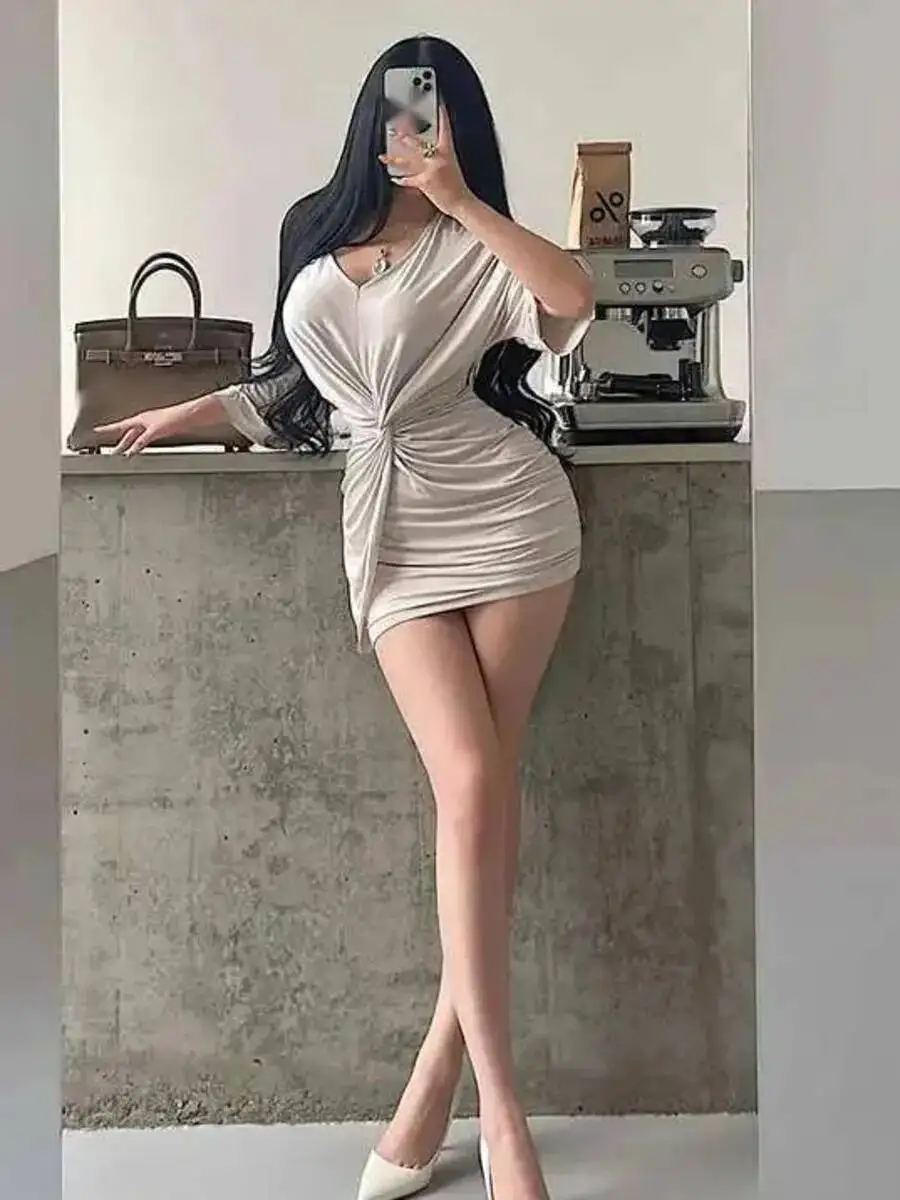 Pure Desire Sexy V-neck Twisted Wrinkle Waist Pack Hip Dress Elegant Short Skirt V Neck T Shirt Dresses ZP61