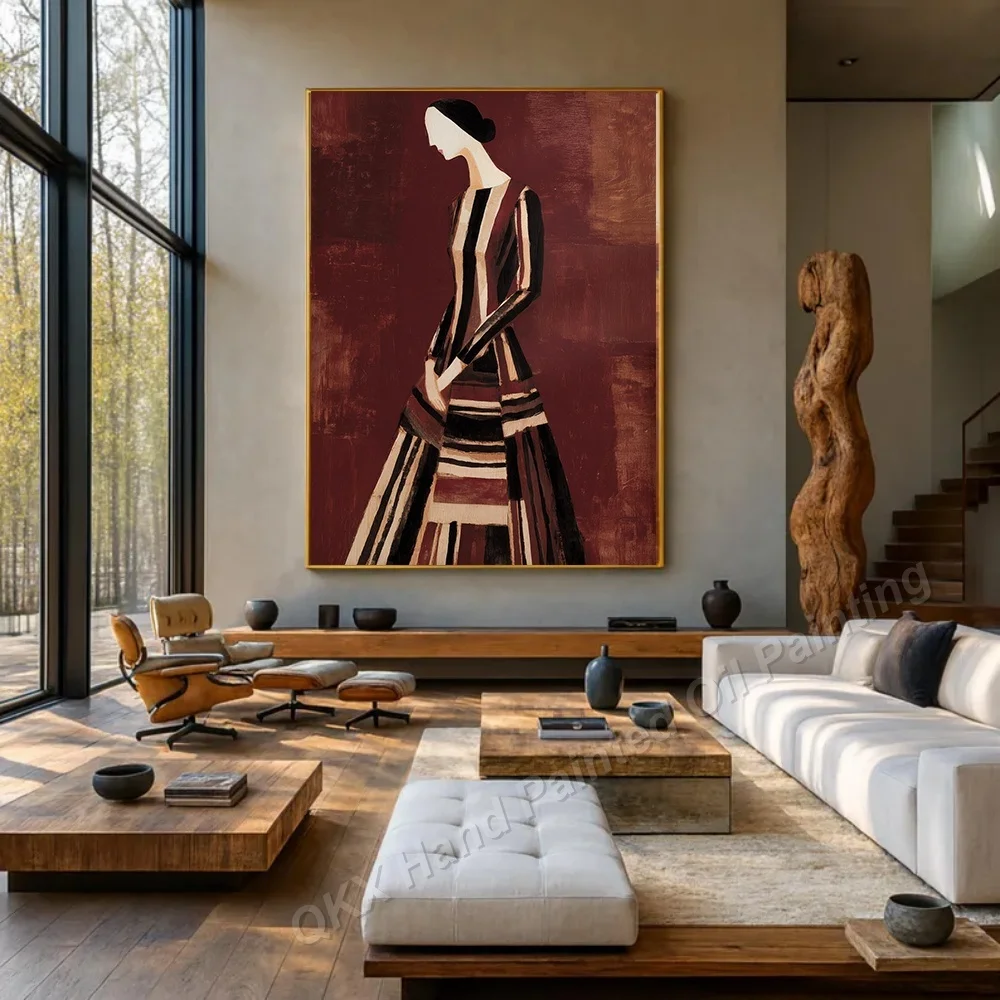Handmade Oil Painting on Canvas Wall Art Decor for Living Room, Mid-Century Wine Red Abstract Elegant Lady Portrait Wall Art