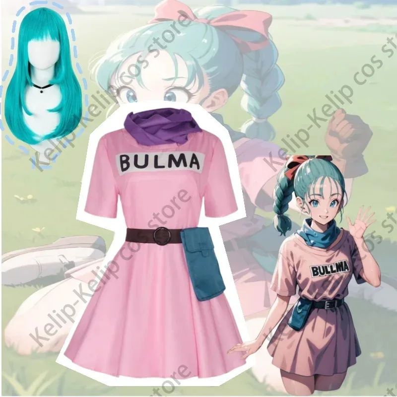 

Костюм для косплея Bulma, розовое платье, головной убор, фиолетовый шарф, поясная сумка, полный комплект для женщин, костюм для косплея на Хэллоуин, парик