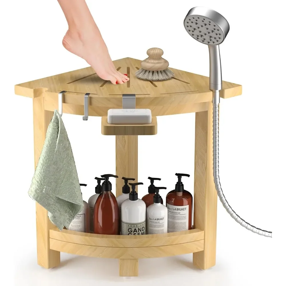 

Shower Chair for Inside Shower, Bamboo Corner Shower Stool with Storage Shelf, Shower Stool for Shaving Legs