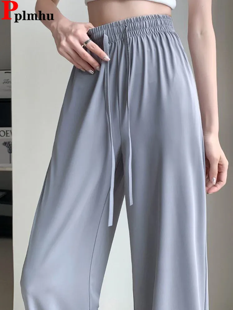 

Летние тонкие солнцезащитные прямые брюки женские повседневные эластичные спортивные штаны с высокой талией и широкими штанинами корейская мода Ice Slik на шнуровке Spodnie