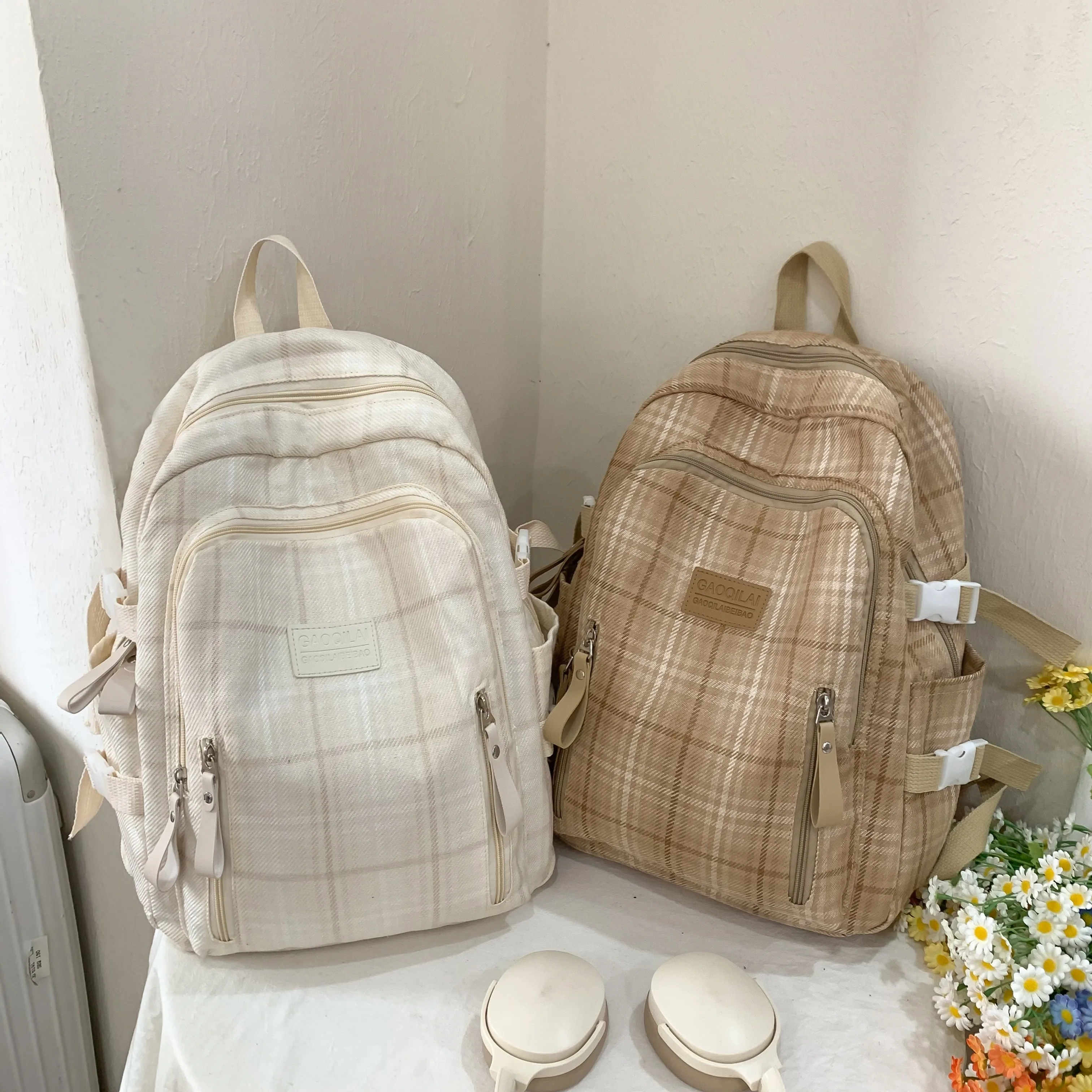 Casual backpack, trendy brand cotton and linen checkered design school bag, good-looking, large-capacity lightweight backpack for junior high school and college students