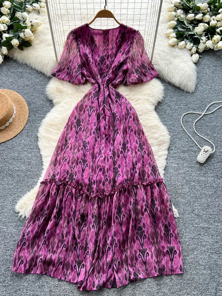 فستان أنيق بياقة على شكل V وأكمام قصيرة مع نقشة زهور للنساء، فستان صيفي طويل بخصر ضيق وتنورة متوسطة الطول من البوليستر بتصميم... #1