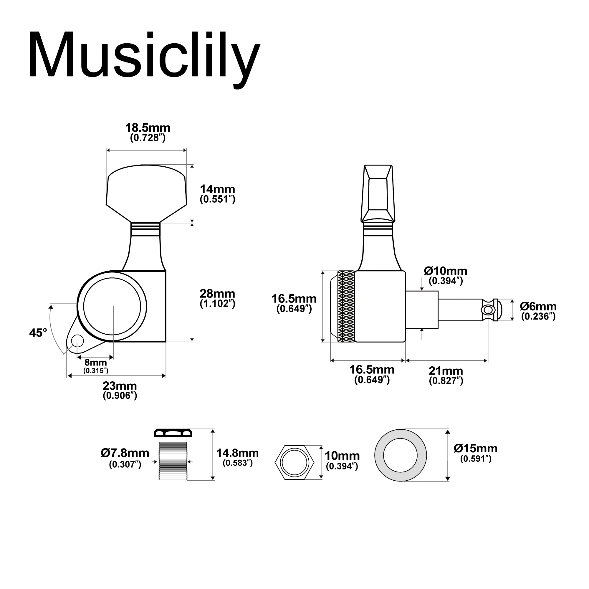 Musiclily Pro R18K 6L/3R3L/6R 18:1 Übersetzungsverhältnis Vollständig Versiegelte Mechaniken Stimmwirbel für ST Tele Akustikgitarre – Detail 10