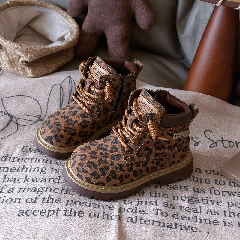 Unisex Kids Chunky Ankle Boots 2026 New Winter Toddler Animal Print Leather Boots Non-slip Classic Motorcycle Style School Boots