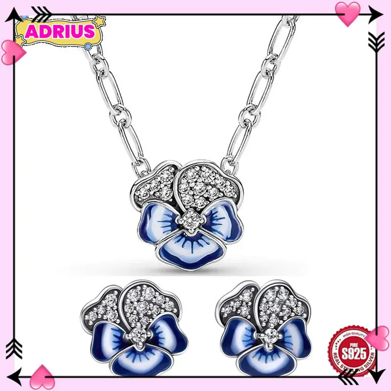 

Authentic 925 Sterling Silver Blue Enamel Pansy Flower Earring Necklace With Crystal For Women Jewelry Set Gift