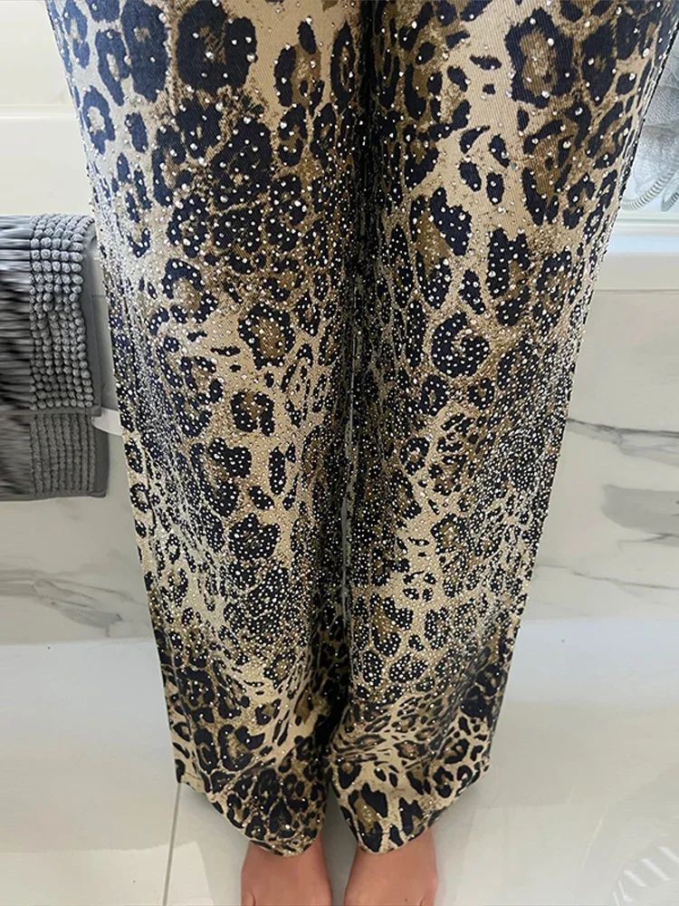 Leopard Print Shiny Rhinestone Women Denim Trousers Straight Baggy Full Diamond Jeans High Street Sexy Summer Comfort Fit Pants