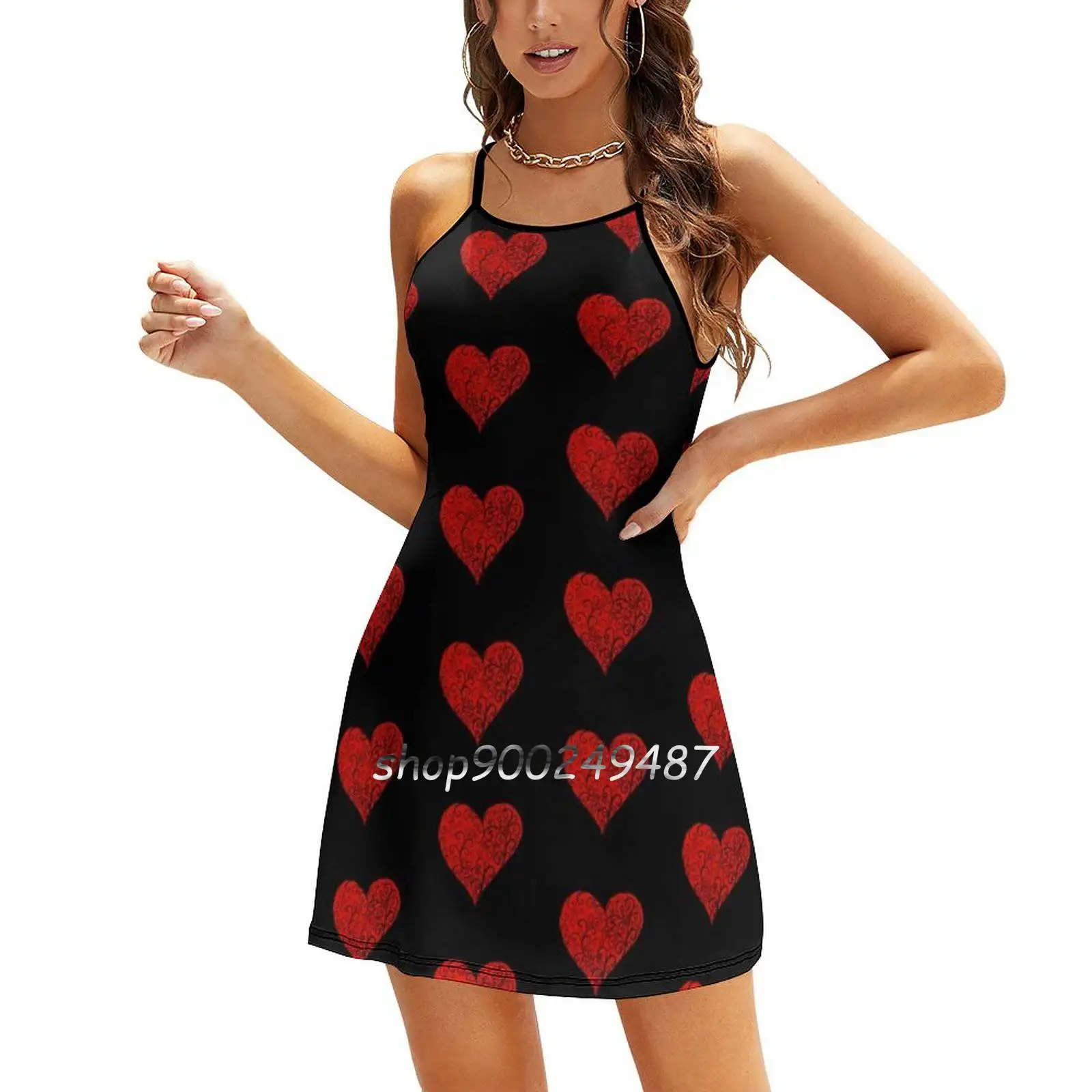 Red Heart With Black Swirls Square Neck Dress Cute Loose Print Dresses Elegant Beach Party Dress Red Red Heart Heart Love