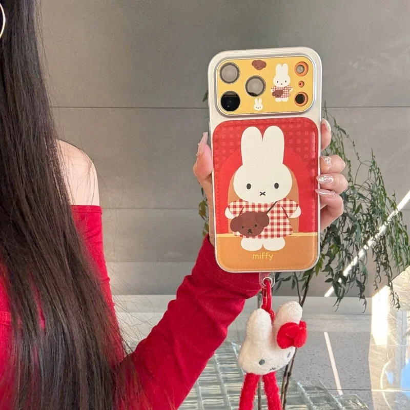 

3D Cute Cartoon Cute Miffy grid rabbit leather Phone Case For iPhone 13 14 15 16 17 Pro Max Lovely Bow Miffy Furry Wrist Strap