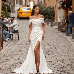 Weiche Satin -Brautkleider, aus der Schulterscheide, Seitenschlitz, abnehmbarer Zug, formelles Hochzeitskleid, elegant, Meerjungfrau, 2025 6 Hauptverkäufe Schulter zum Hochzeitskleid - №3