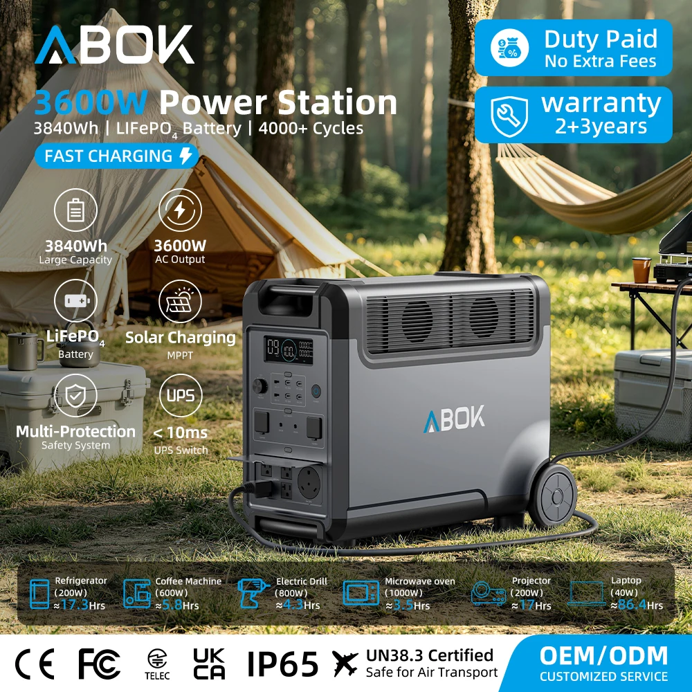 ABOK 3600W 3840Wh LiFePO4 Portable Power Station Solar Generator PD 140W USB-C QC3.0 XT90 12V Socket 2000W MPPT For Home Outdoor