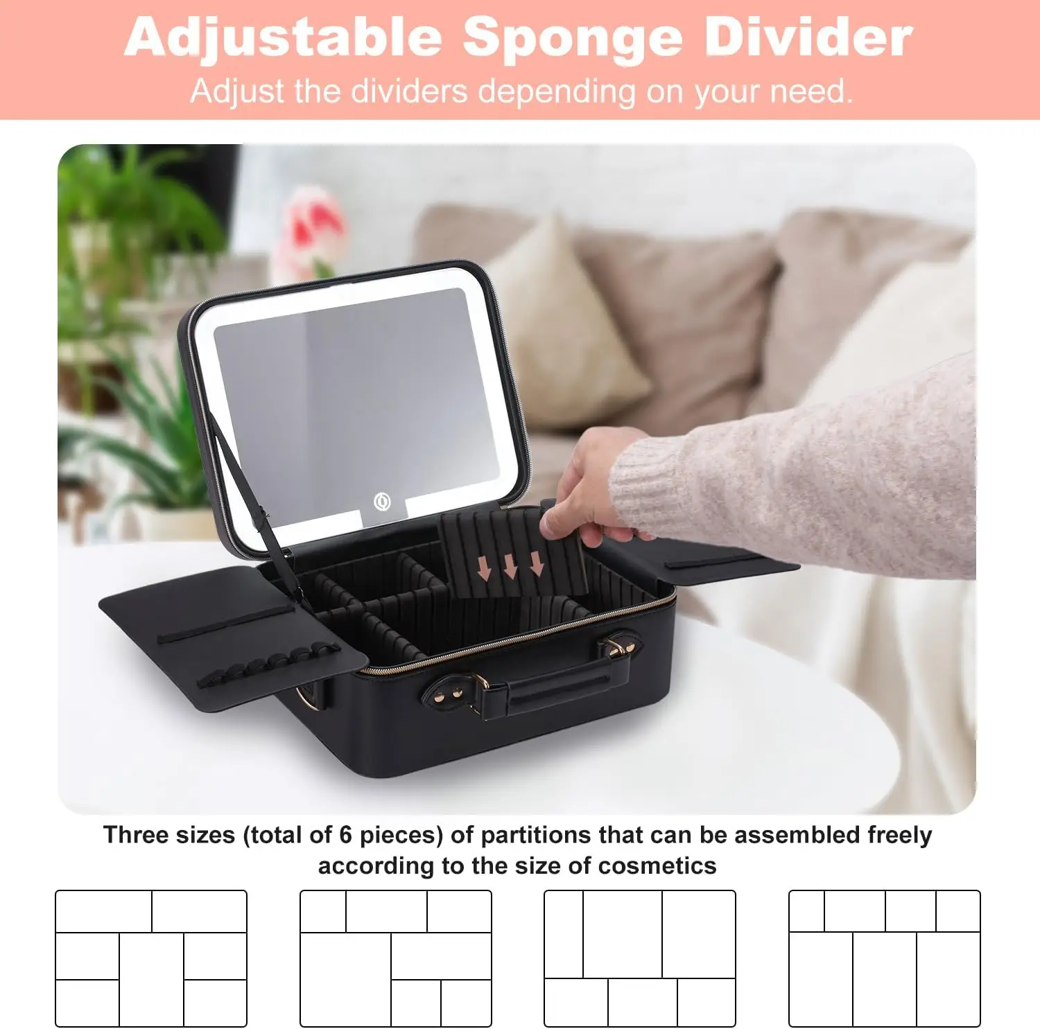 حقيبة مكياج للسفر بإضاءة LED مع مرآة مكبرة 10 مرات، وفواصل قابلة للتعديل وتخزين محمول (جلد أسود)