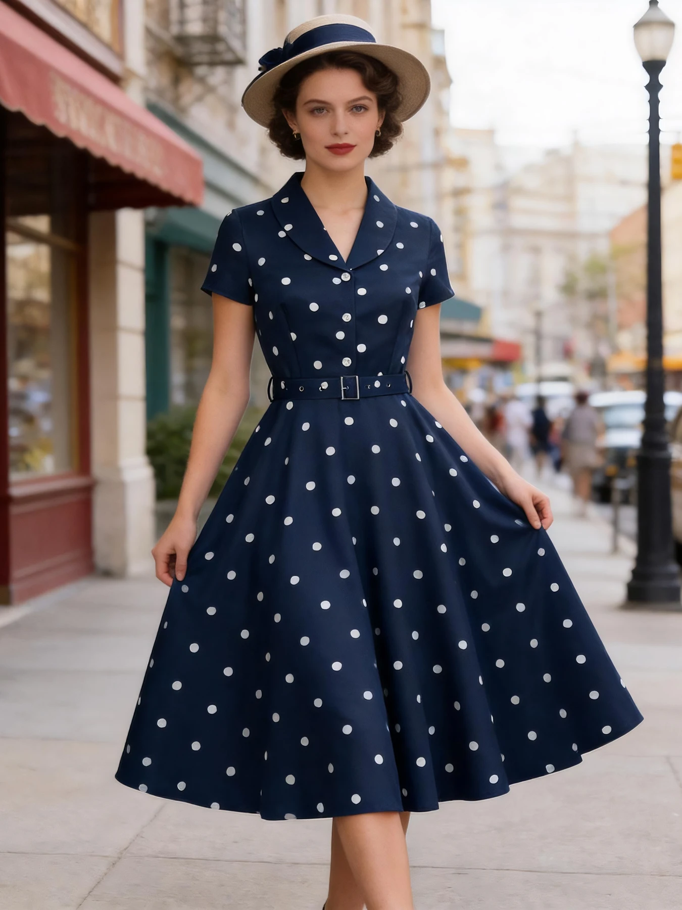 Women'S Fashion Of The 50S - Tonval Turn-Down Kraag Polka Dot Dames