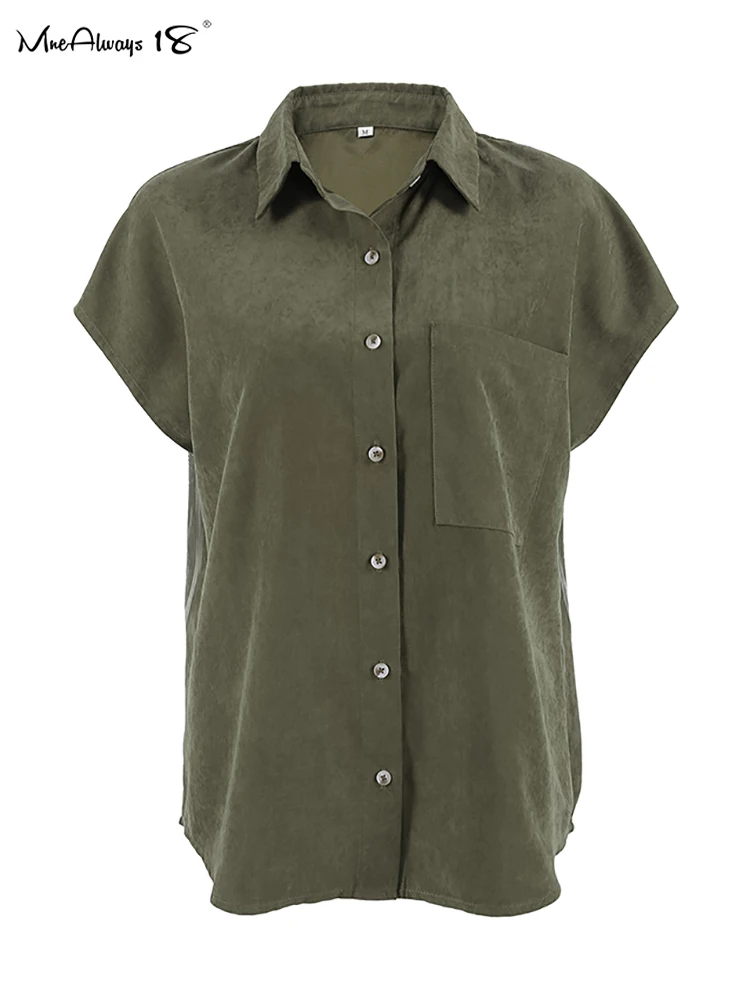 Mnealways18 Off-Shoulder Sleeves Green Short Shirts Women Turn Down Collar Street Style Pockets Classic Blouses And Tops Ladies
