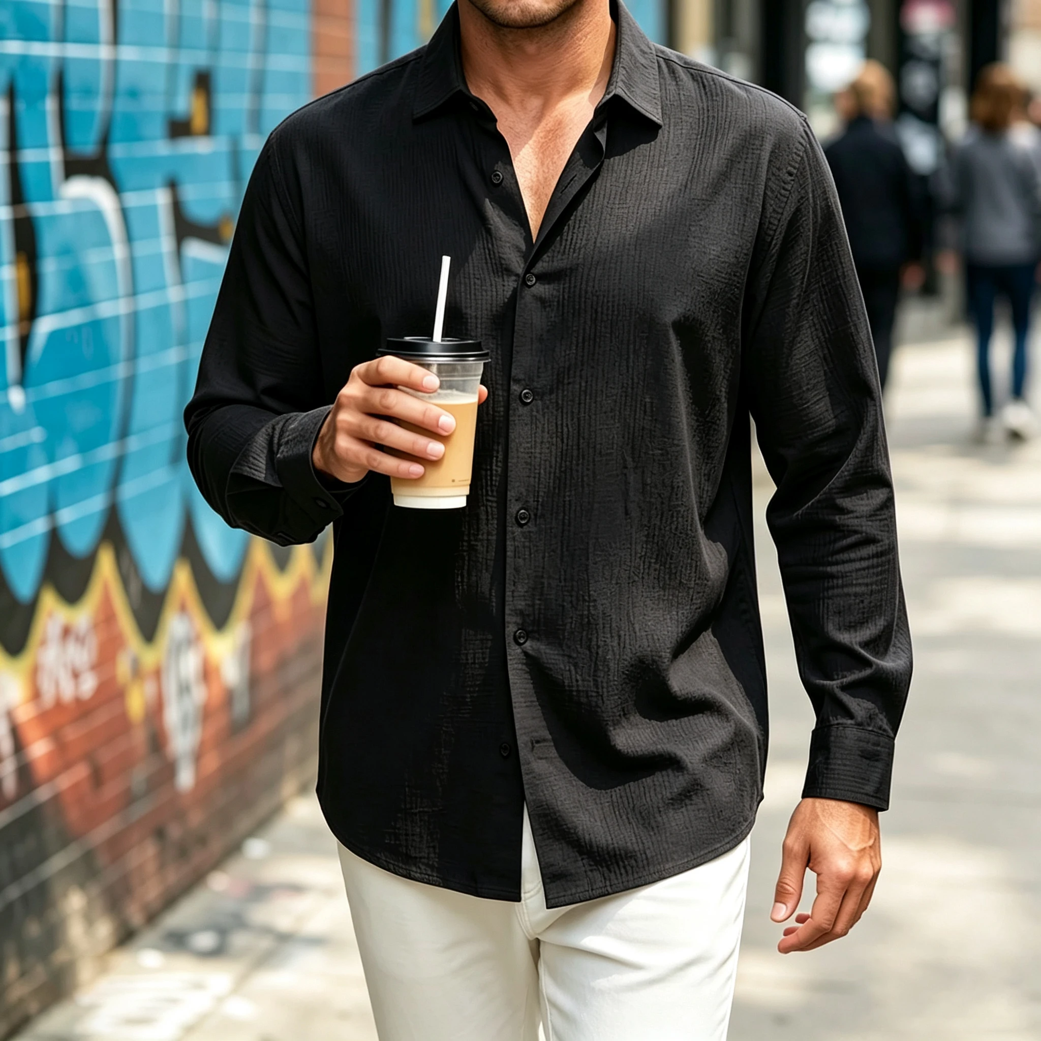 Men's textured loose-fitting long-sleeved collared shirt, casual shirt, plus size, versatile cardigan for street style and commu