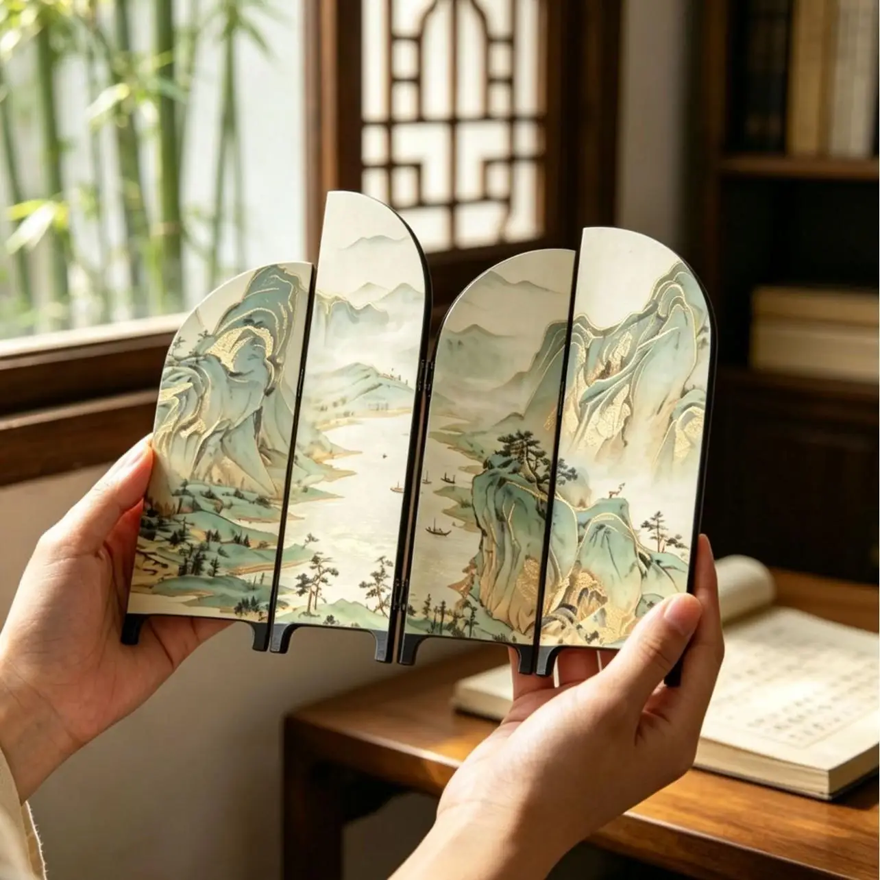 33x26cm Foldable Screen Desktop Double-sided Decor Painting Retro Maple Forest Landscape Painting Classical Lacquer Art Gift