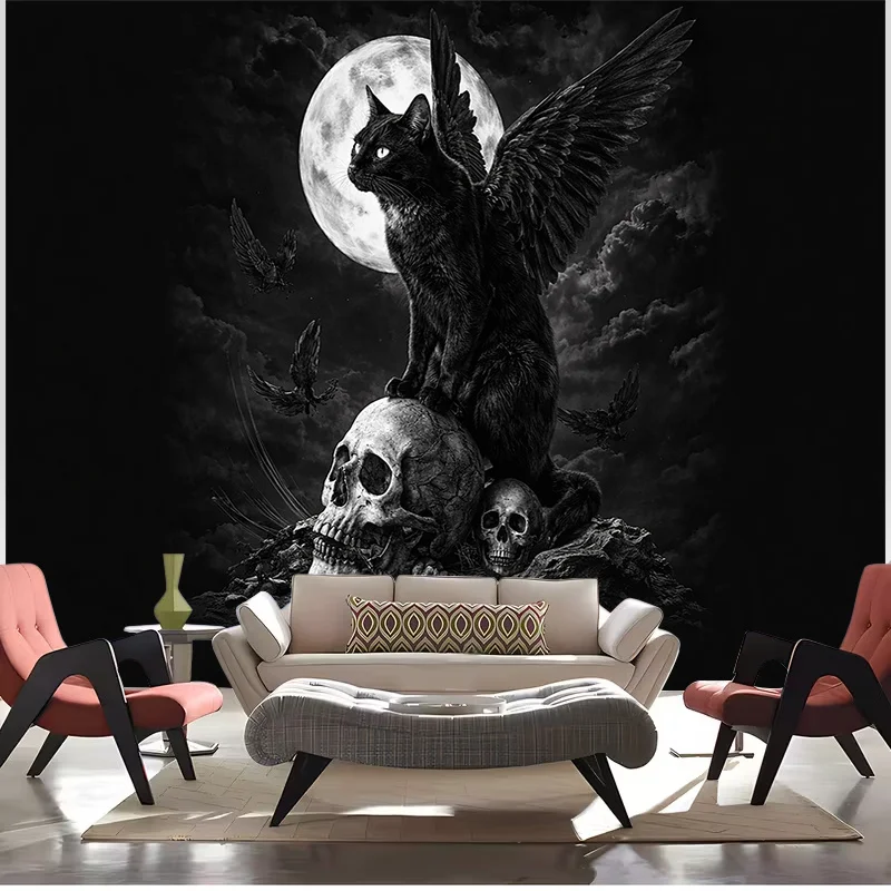 Large Gothic Moon Raven Skull Wall Tapestry Hanging Art Decoration Dark Academia Creature Mythology Style Abstract Print Decor f