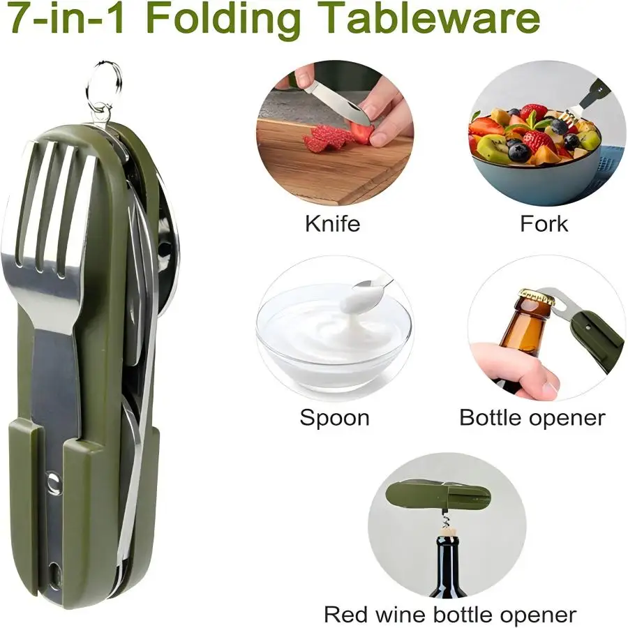 1PC Detachable Camping Tableware Set,Portable 7-in-1 Stainless Steel Travel Tableware,Multifunctional Folding Tableware