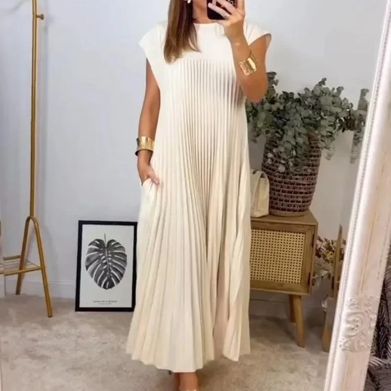 Women Round Neck Sleeveless Pleated Dress Solid Color Sexy Long Loose Maxi Dress Summer Ankle Length