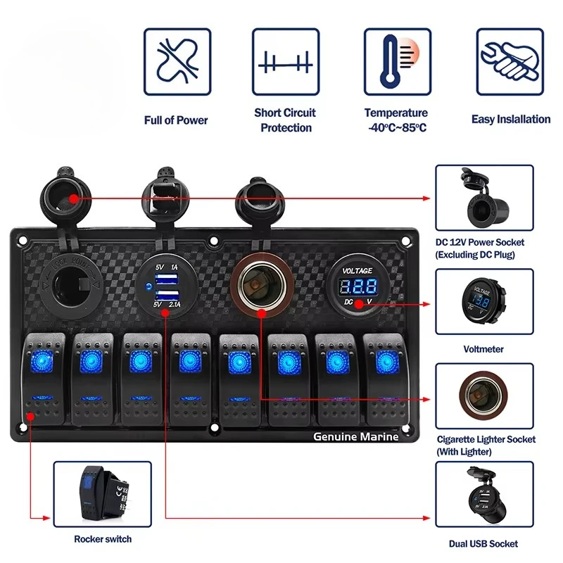 Genuine Marine Waterproof 12V 24v ON/Off Pre-Wired Toggle 8 Gang Mount Rocker Boat Marine Control ABS Switch Panel