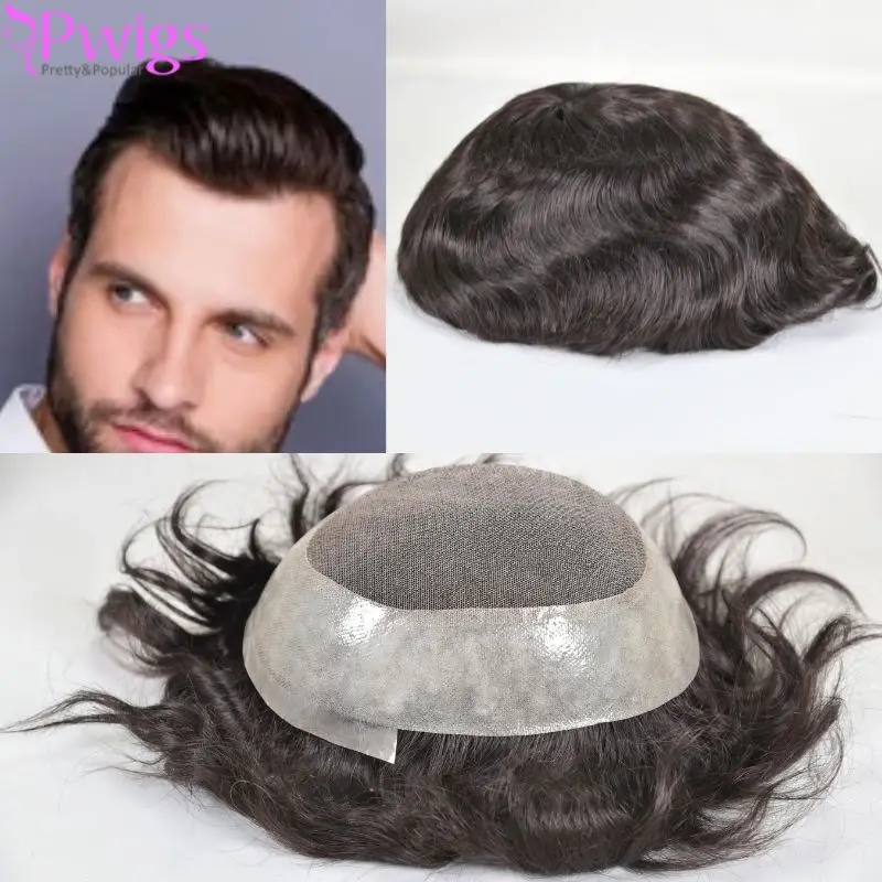 Pwigs Men's Toupee Durable PU Skin Base with Soft French Lace Hairpieces 100% Human Hair Toupee for Men Wigs Natural Color 8x10