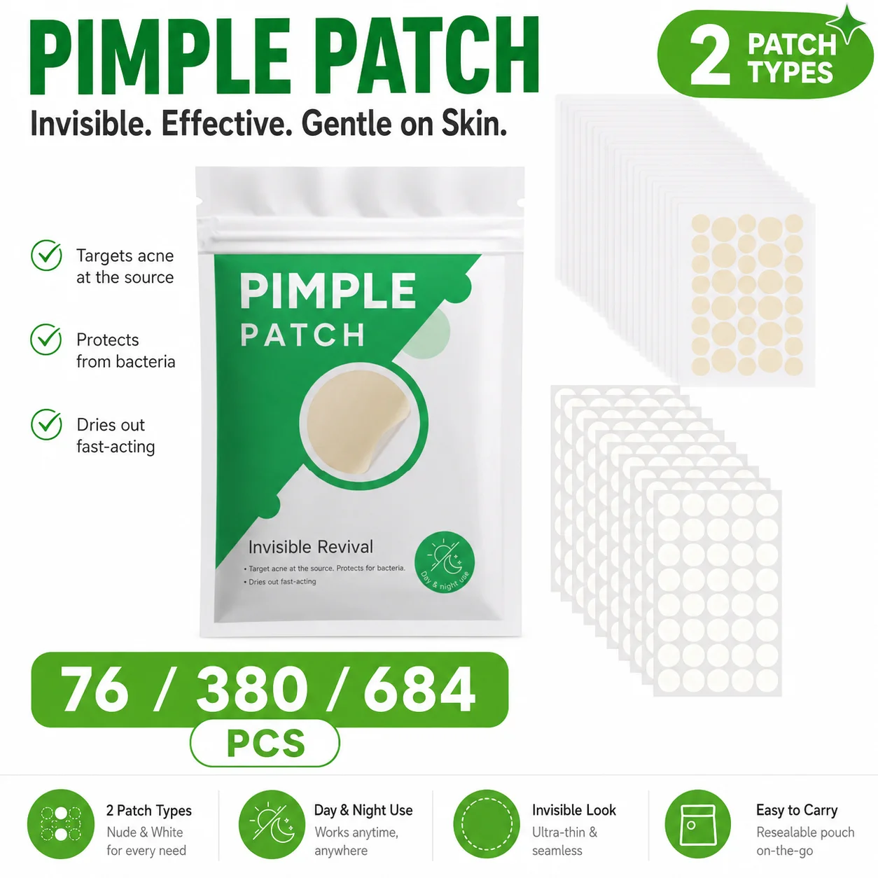76/380/684pcs Hydrocolloid Pimple Patch Set, White & Nude Round Spot Stickers, Invisible Day Night Use