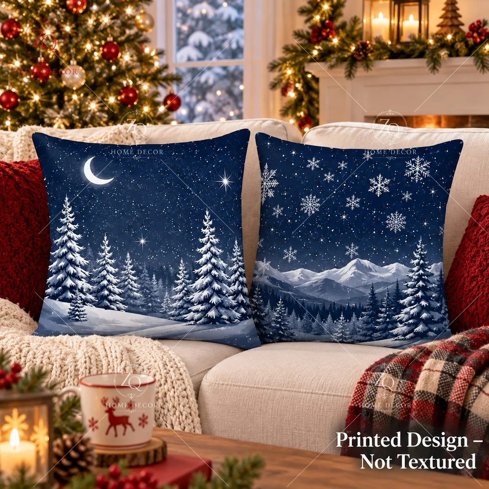 Night Sky Moon Cushion Cover 2D Flat Printed Peach Skin Snowflake Pillowcase Christmas Winter Farmhouse Couch Bed Home Decor