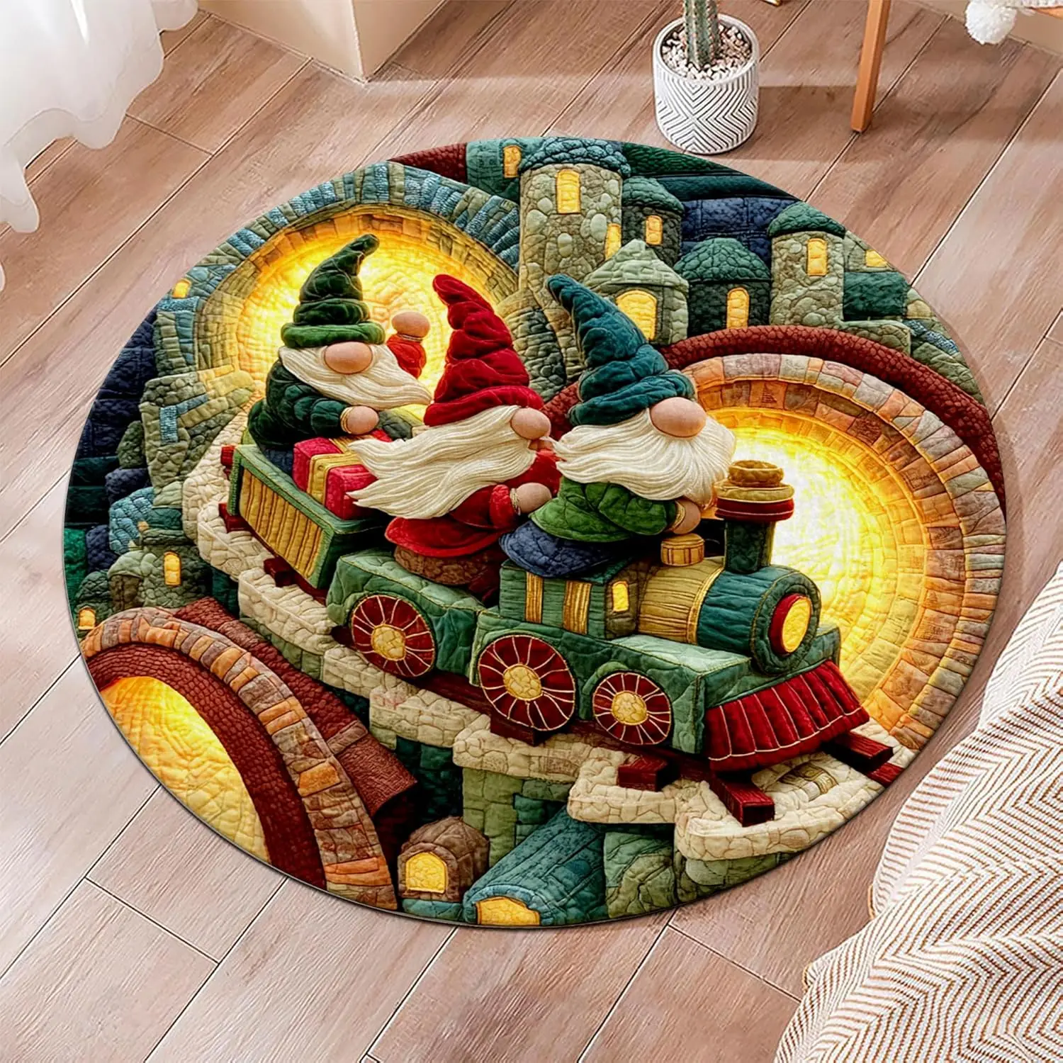 Retro Castle Steam Train Circle Carpet Christmas Gnome Round Area Rug Non Slip Washable Festive Home Bedroom Floor Decor