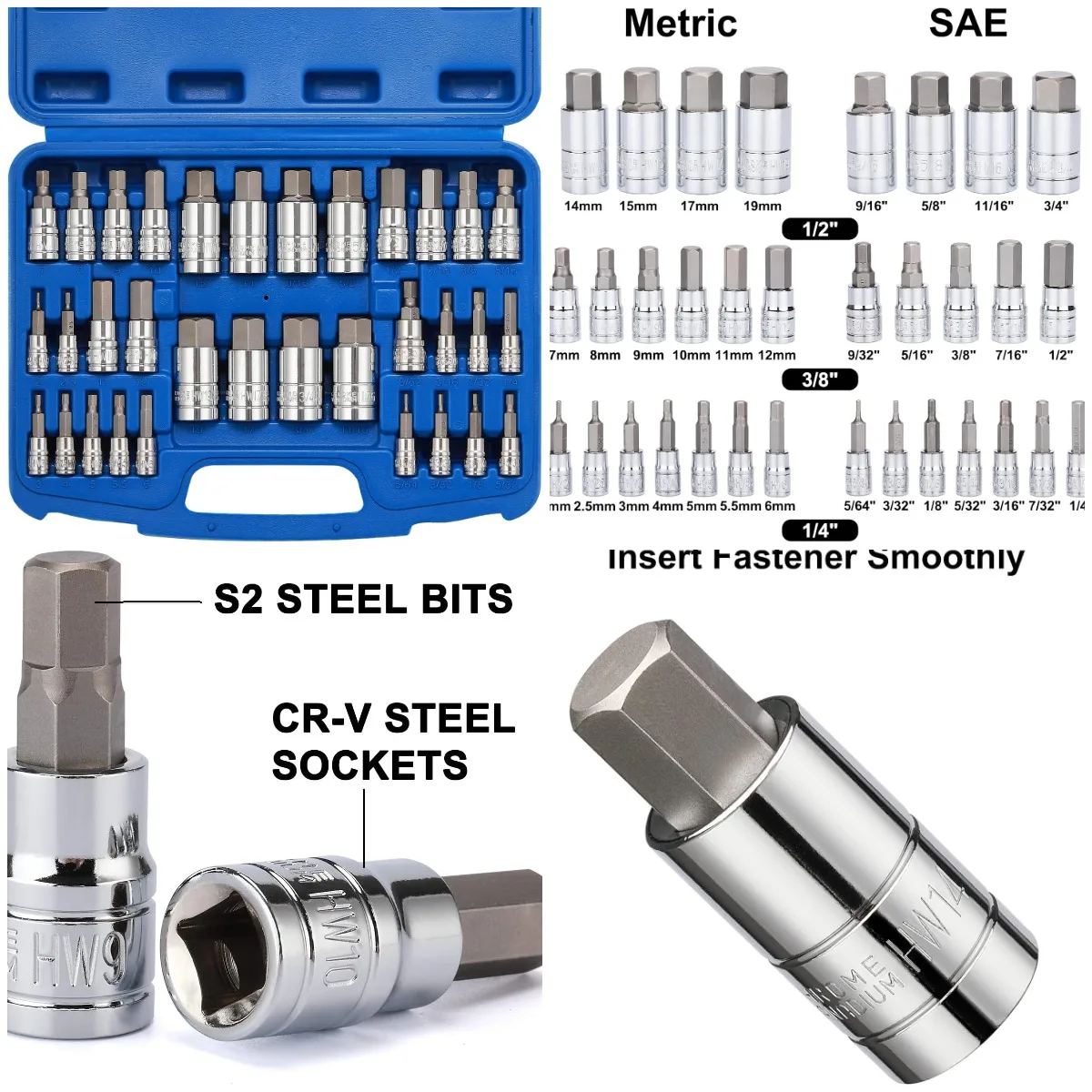 

Набор шестигранных шестигранных бит, 33 шт., сталь S2 и Cr-V, SAE и метрическая, от 5/64 до 3/4 дюйма, от 2 до 19 мм
