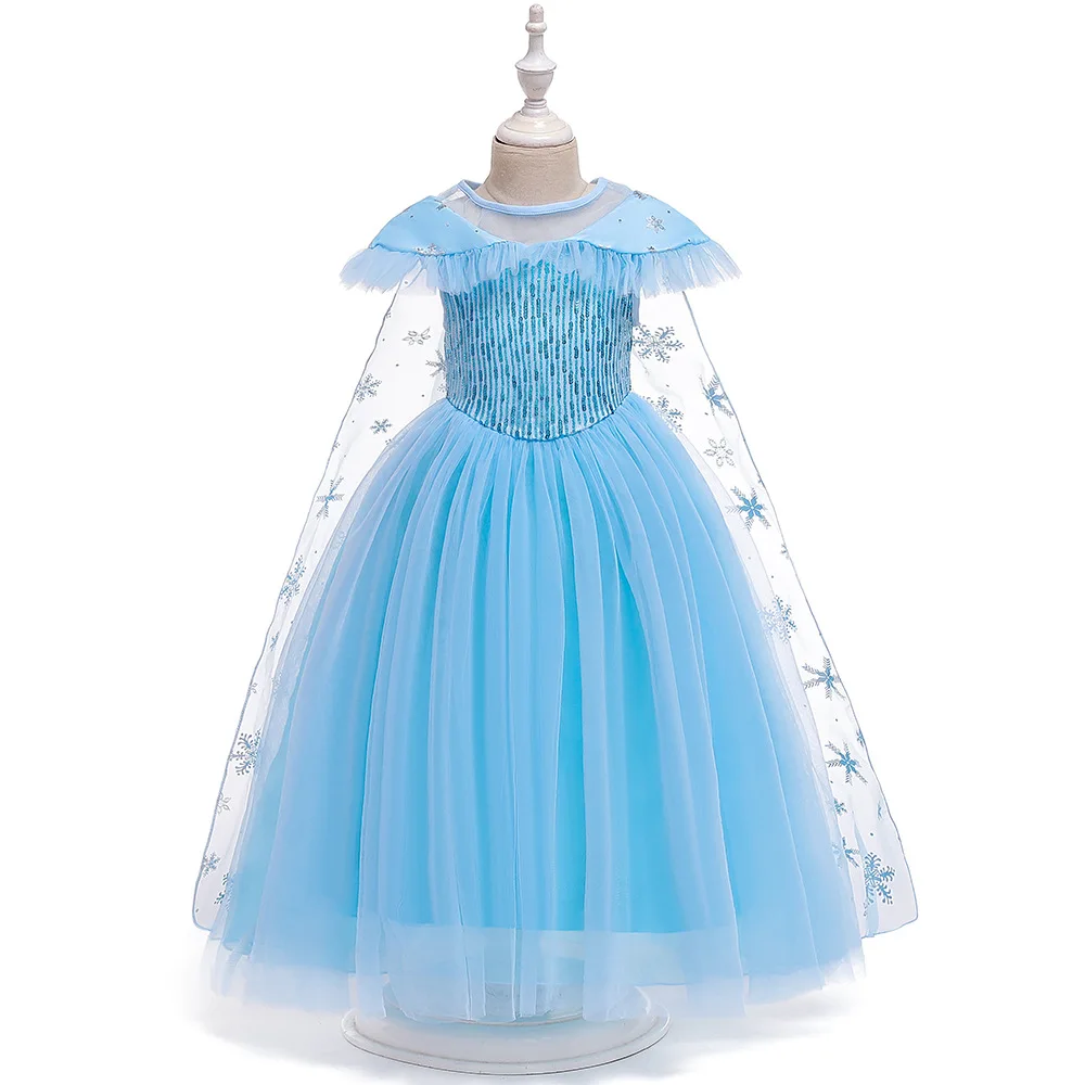 Lantejoula feminino Elsa Princesa Vestido com Manto, Malha vestido de baile, Roupas de Carnaval, Cosplay infantil, Rainha da Neve Traje, Vestir