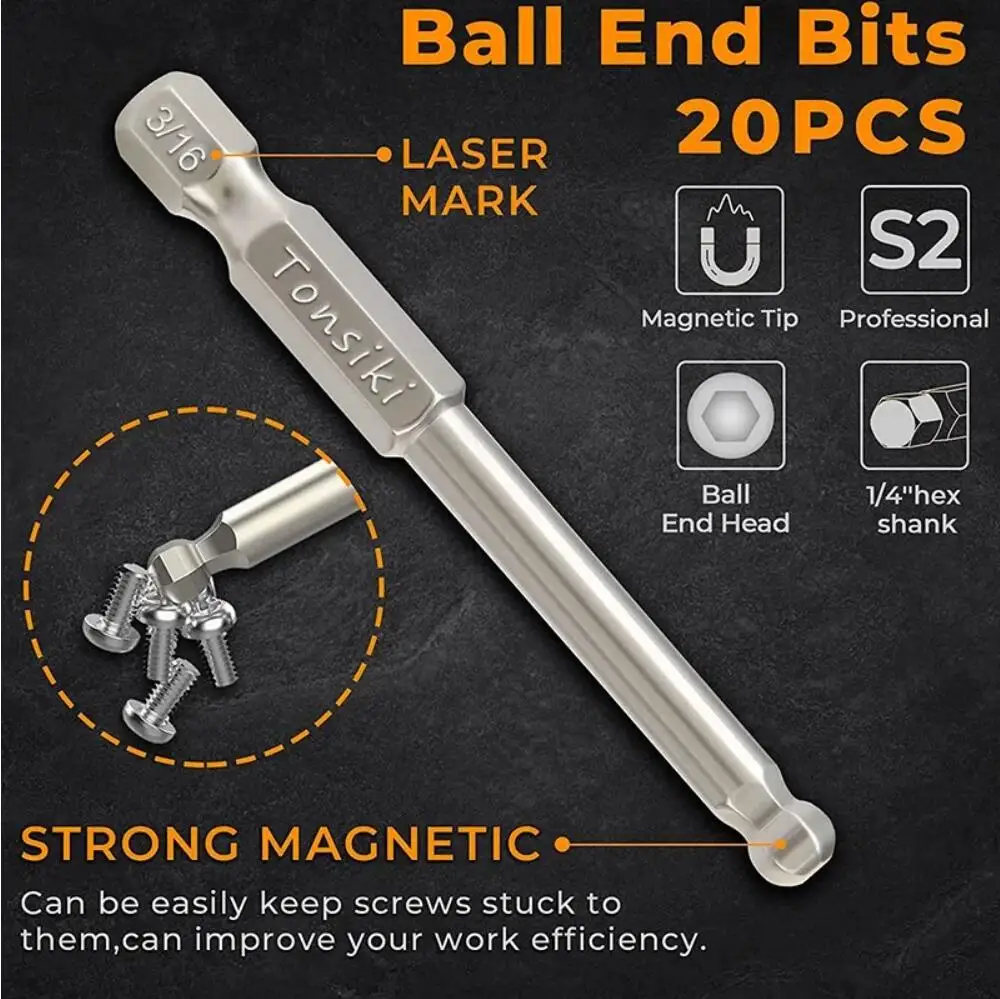 20Pcs Ball End Hex Head Allen ประแจเจาะบิตชุดแม่เหล็กเมตริก SAE Allen ไขควง S2 Hex Bit ชุดคีย์ Hex ซ็อกเก็ต Bits