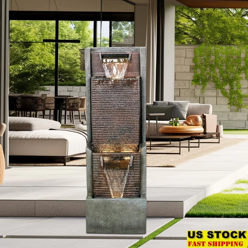 

Outdoor Garden Water Fountain with LED Lights Resin Fountain Patio Indoor Outdoor Decor Relaxing Sound Artistic Home Office