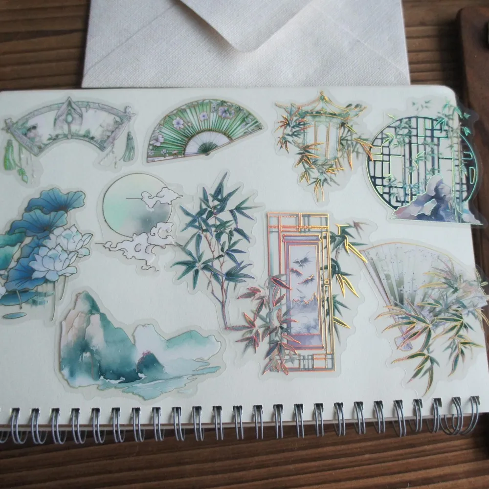 

18pcs Gold Ancient Chinese Window Bamboo Cherry Blossom Design PVC Sticker Scrapbooking DIY Gift Packing Label Decoration Tag