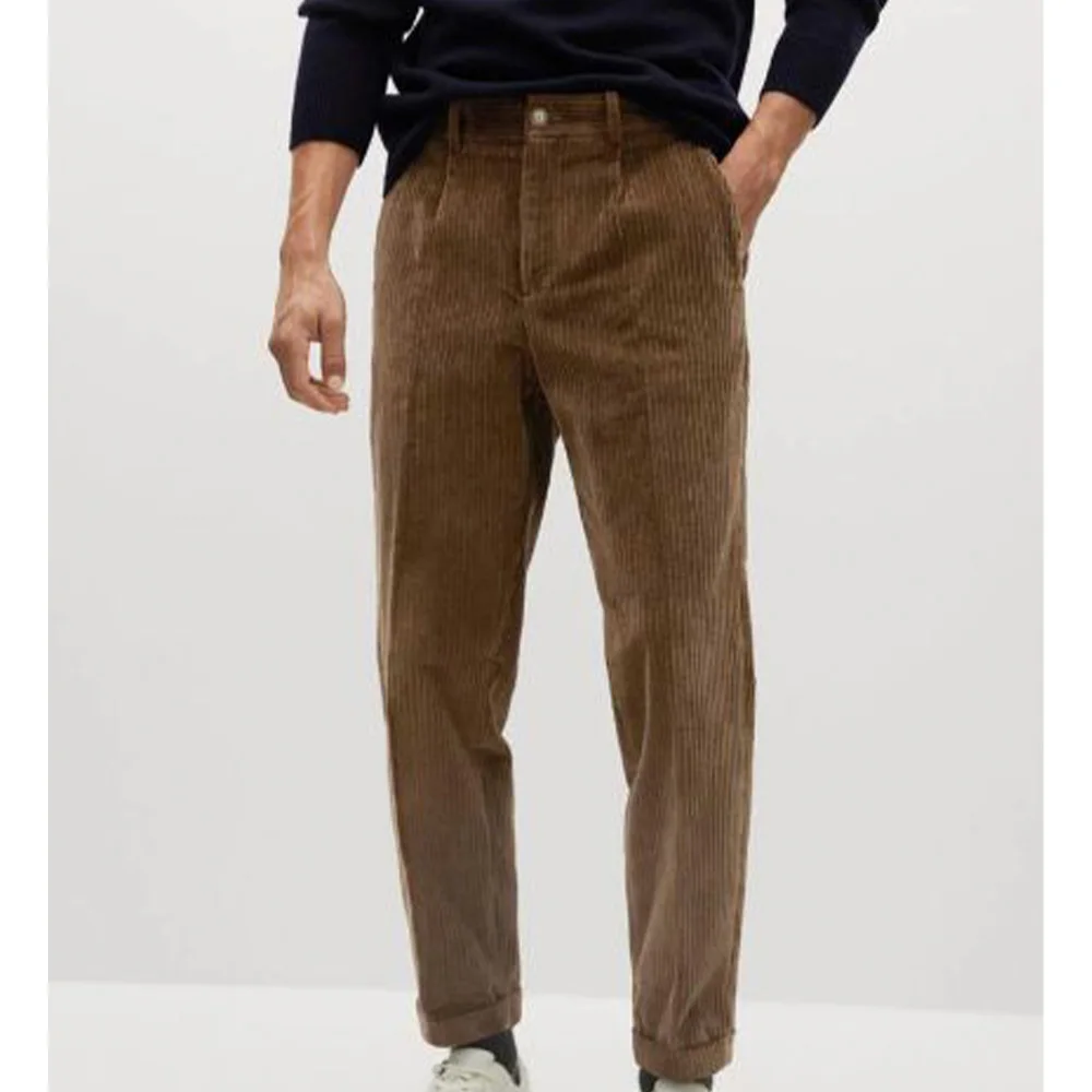 

Mens Business Casual Corduroy Trousers Pleated Tapered Design Solid Color Breathable Comfort Dress Pants for Office and Formal E