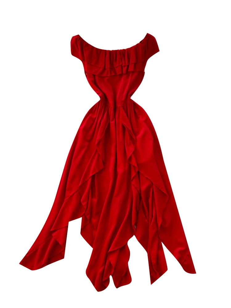 Czerwona szyfonowa sukienka na jedno ramię, damska, wiosna 2026, czysta pożądanie, asymetryczna, z podkreśloną talią, długa spódnica, koreański styl, wysoki stan.