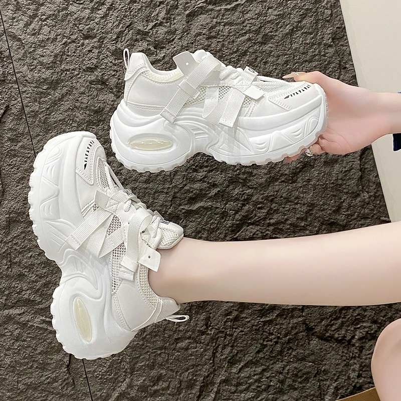 New Fashion Summer Women\'s Platform Sneakers Thick Bottom Breathable Mesh Casual Shoes 7.5CM High Heel Sports Dad Shoes Woman