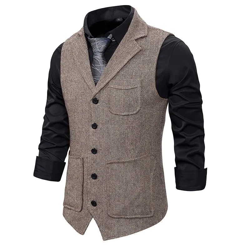 Men Suit Vest 2024 Fashion Korean  Multiple Pockets Herringbone Tweed Mens Waistcoat Formal Business Slim Fit Sleeveless Jacket