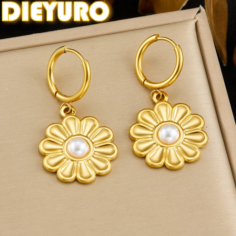 DIEYURO 316L Stainless Steel Golden Exquisite Petal Flower Inlay Pearl Pendant Earrings Lady Fashion Classic Ear Studs Jewelry