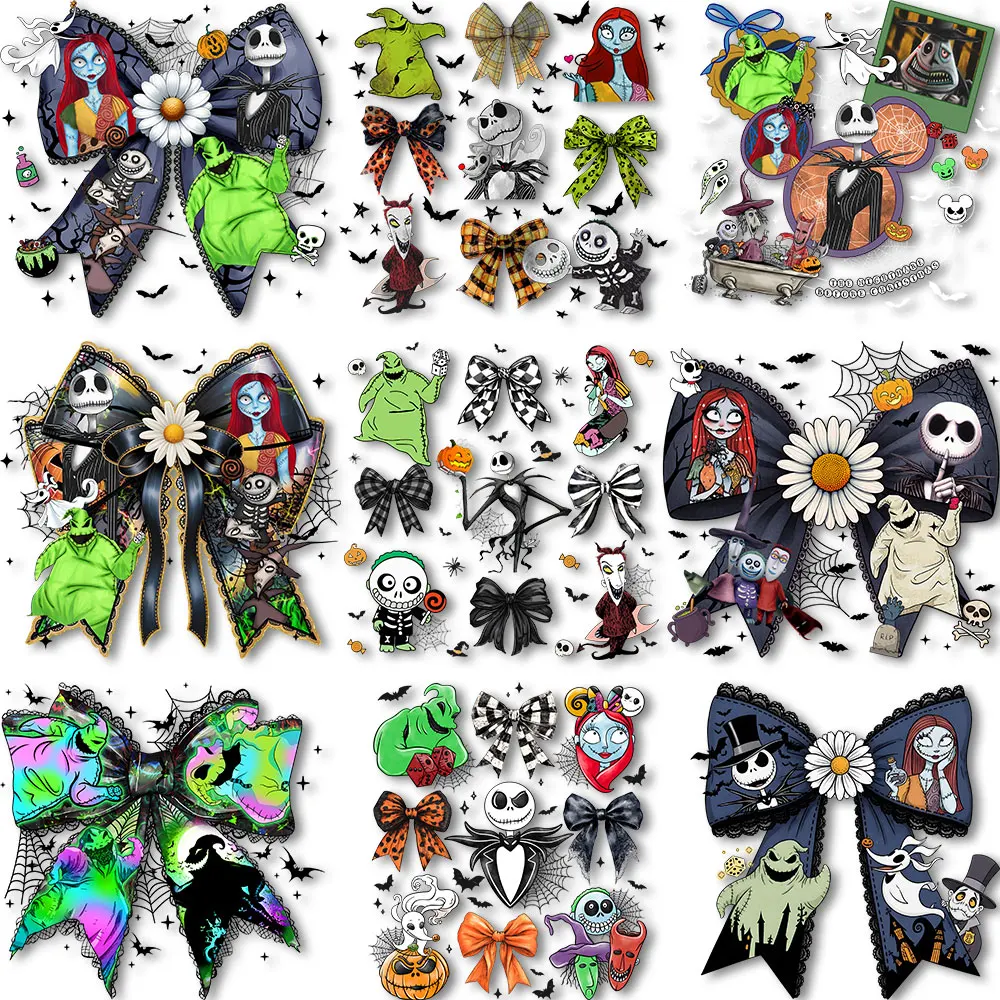 Halloween Jack Sally Bow Iron on decals Heat press Stickers for Clothes Thermal Patches on Tshirts