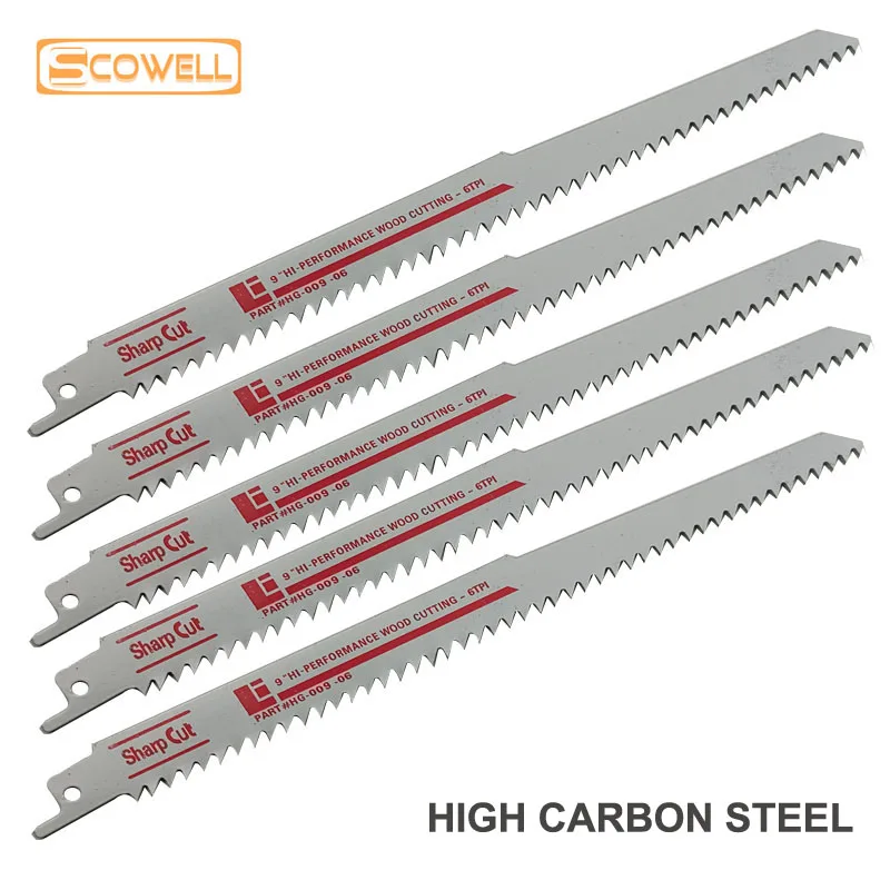 5 Pack 9 Inch HCS Reciprocating Saw Blade 6TPI Machinery Sabre Saw Blades For Fast Wood Cutting DIY Tools Accessories Jigsaw