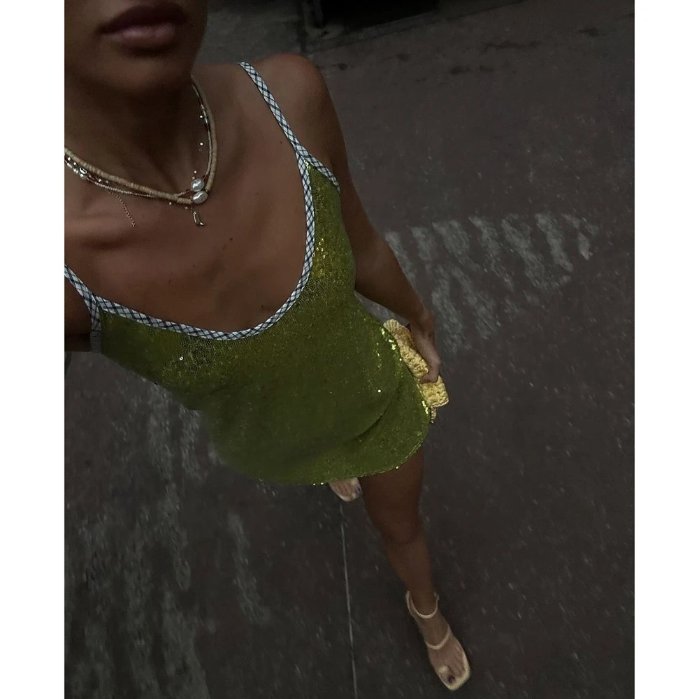 Vestido corto de verano para mujer, sin mangas, brillante, con lentejuelas, adorno a cuadros, Color contrastante, cuello redondo, espalda descubierta, recto, para fiesta