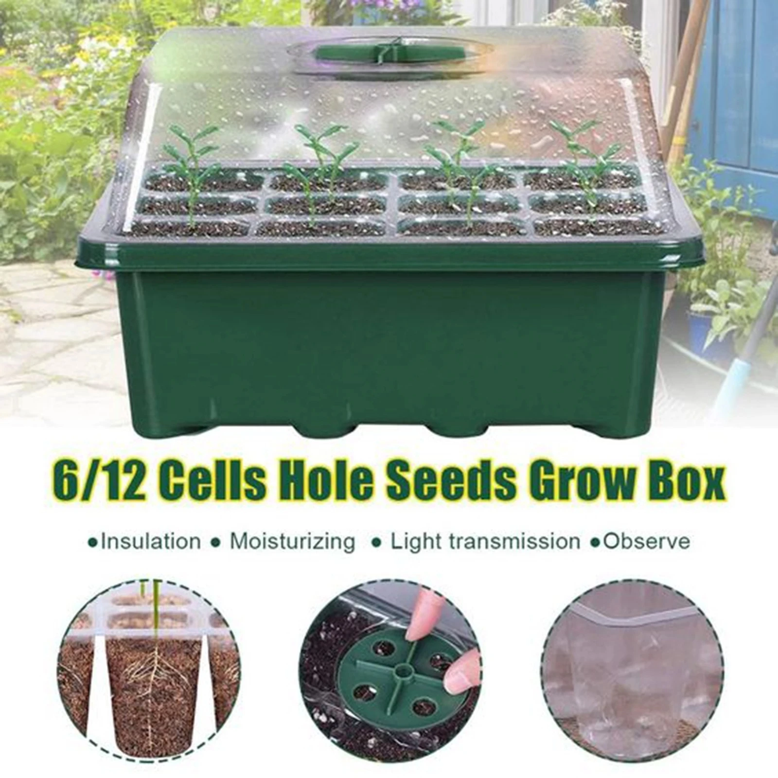 6/12 Hole Plastic Nursery Plant Flower Nursery Pots Seed Tray Seedling Starter Germination Garden Grow Planter Box with Cover