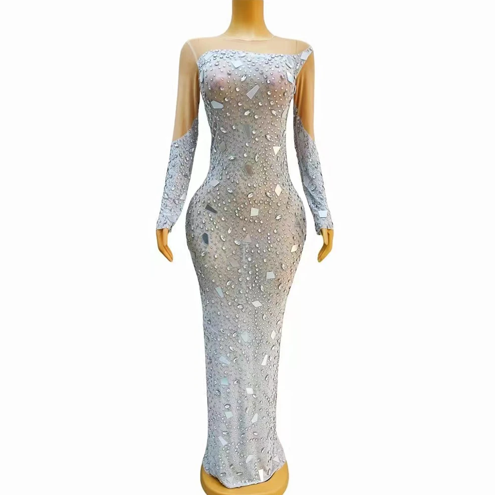 

Sexy Stage Birthday Celebrate Sexy Transparent Silver Rhinestones Mirrors Dress Stretch Outfit Prom Party Collections Club Gowns