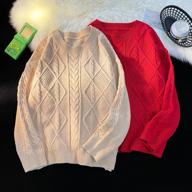 

Loose Men's Knitted Sweater Red Twist Casual round Ne Couple's Autumn Faion Street Sle Vintage Brand Long Sve Top