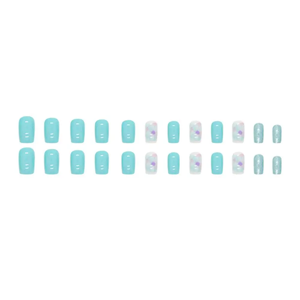Light Blue Retro Fake Nails Nail Patch Press Nails Flowers False Nails Nail Enhancement
