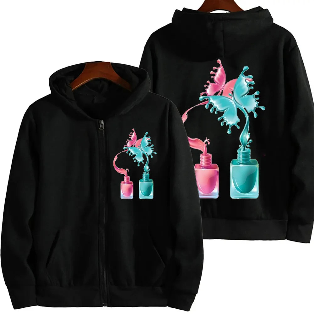 Nail Polish Print Zip Up Hoodies Female Makeup Beauty Aesthetic Graphic Zip Jackets Coat Cosmetics Fleece Zipper Sweatshirts